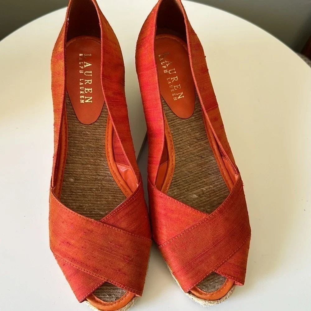 Lauren Ralph Lauren Silk Open Toe Espadrille Iridescent Orange & Gold Size 8.5